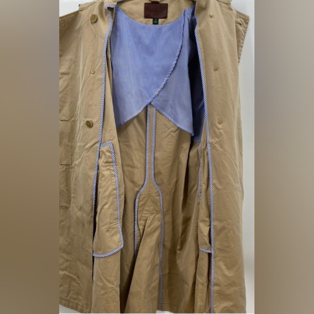 Lauren Ralph Lauren Designer Beige Tan Belted Trench Coat Stripe Blue Lining 12 - Picture 5 of 6